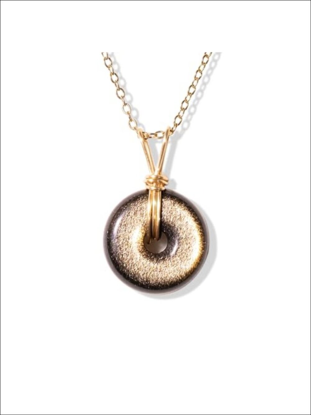 Handcrafted Wire Wrapped Golden Sheen Obsidian Donut Pendant Necklace 20 in